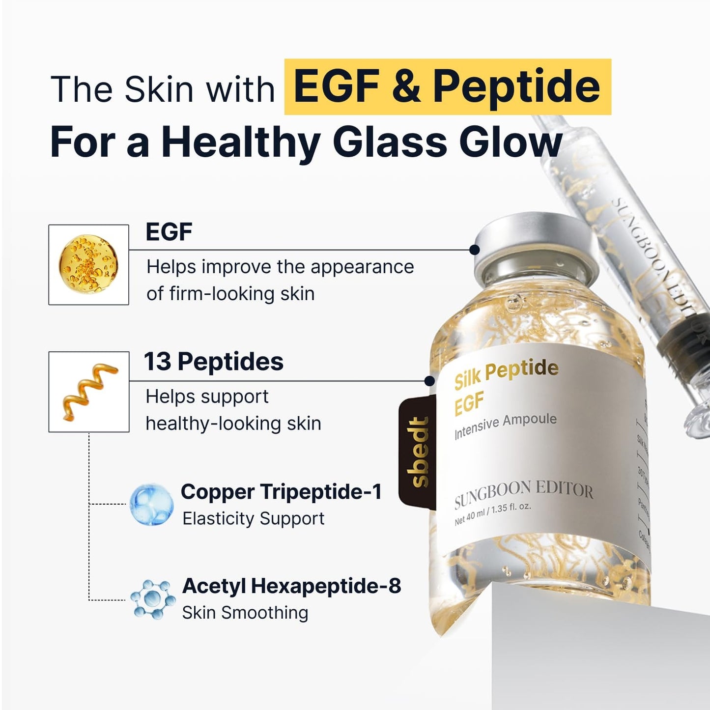 SUNGBOON EDITOR Glow Intensive Deep Collagen Silk Peptide EGF Ampoule, Copper Peptides Serum for Face with Multi Peptides, Hydrating Korean Skincare Facial Serum for Smooth-Looking Skin, 1.35 fl oz  2-Pack